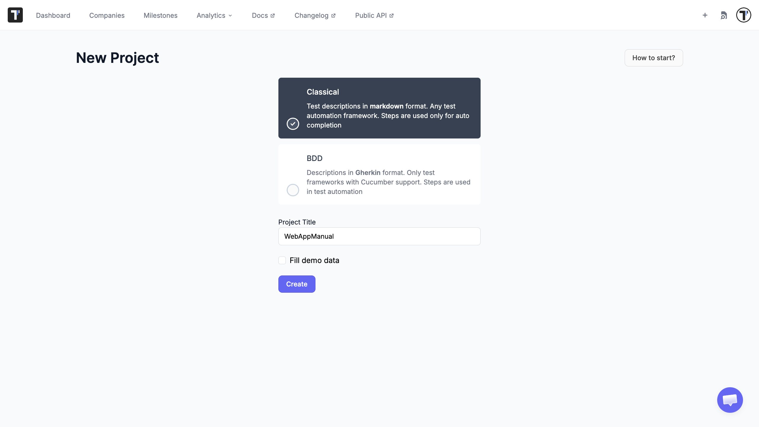 Testomat.io - Select type of project
