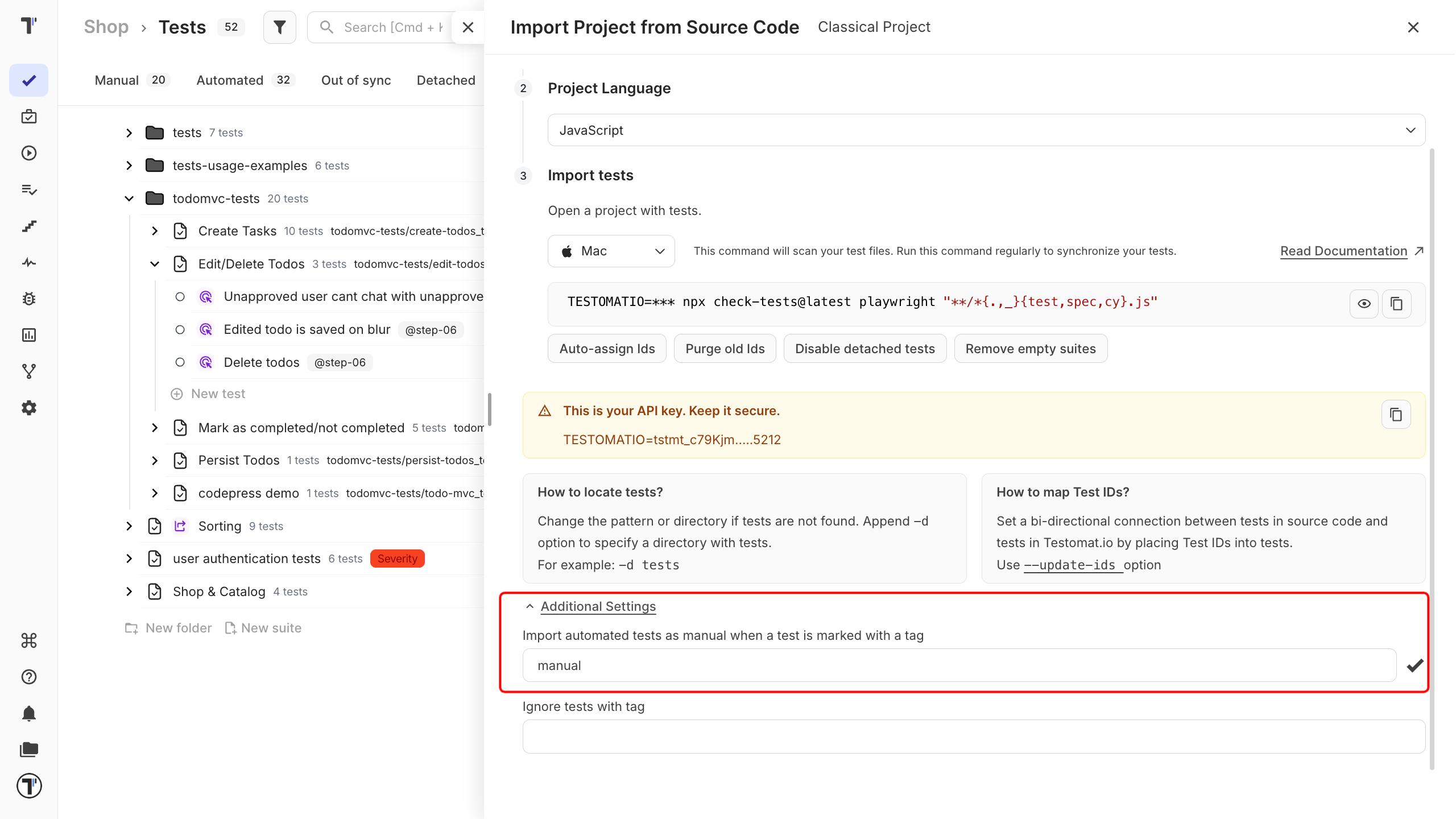 Testomat.io - Add tag name to import settings